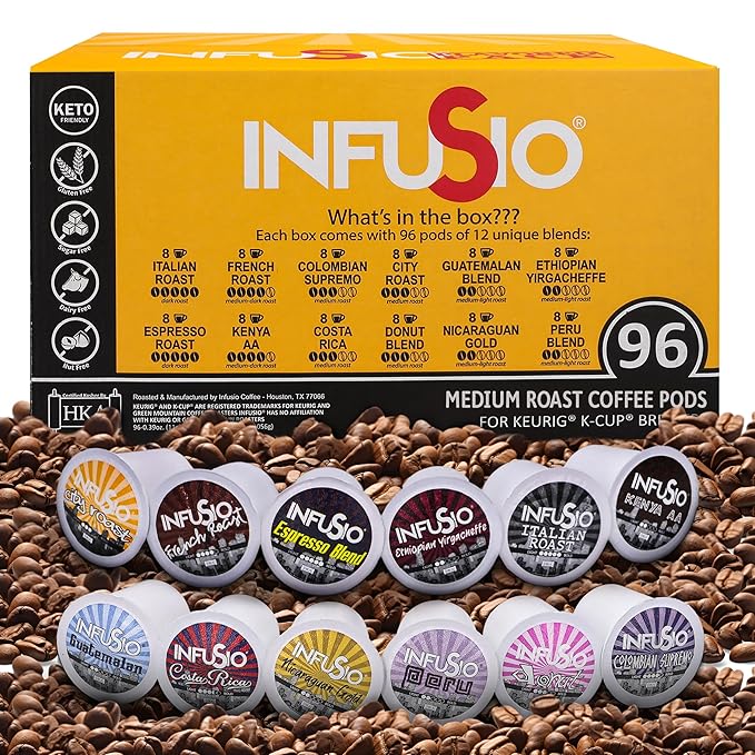 InfuSio Coffee Pods Variety Pack – 96 Count, 12 Sophisticated Medium & Dark Roast Blends, Crafted Blends Collection – Premium Single-Serve Coffee, Compatible with Keurig K-Cup 2.0 Brewers