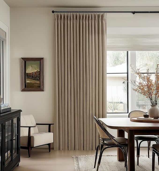 96 Inches Pleated Linen Tan Latte Memory Train Semi Sheer Curtains 2 Panels | - Image 8