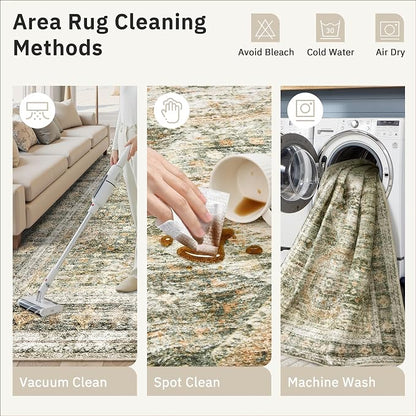 Soalmost Washable Area Rug 8x10 Large Soft Living Room Rugs Green/Orange | - Image 8