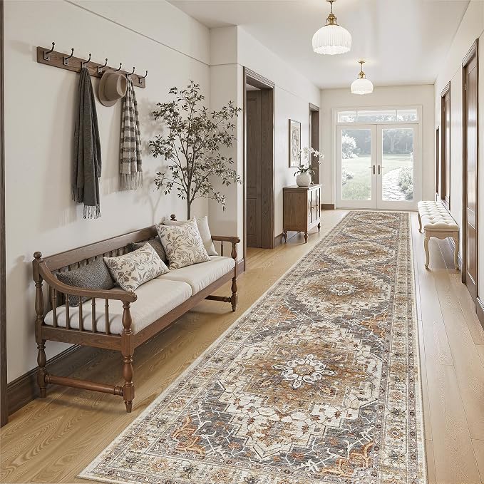 Madane Hallway Runner Rug 2'6''x14' Kitchen Runners Vintage, Turmeric/Grey | by Madane