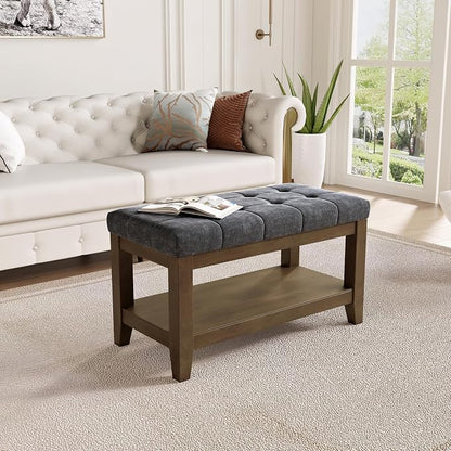 ABHENG Solid Rubber Wood Shoe Bench, Soft Chenille Material Upholstered Seat - Image 5