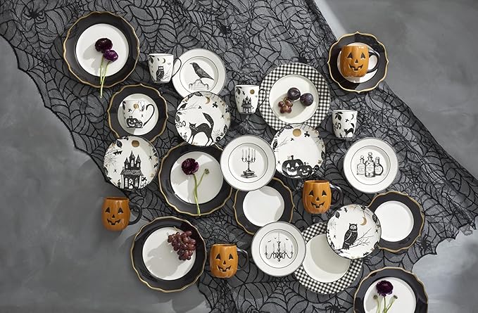 Lenox Dinnerware Set, Vintage Halloween 4-Piece Dessert Plate Set, Assorted, Set of 4 Ivory Porcelain Plates, Dishwasher Safe, Halloween Decor Indoor, Party Table Decorations (Black/White, 4 Piece)