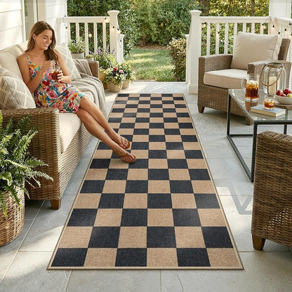 Lahome Checkered Easy Jute Kitchen Runner Rug, 2x8 Outdoor Rugs Washable | Non - Image 2