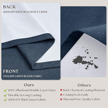Navy Pinch Pleated Blackout Linen 102 Inch Dual Layer Curtains 2 Panels Set | - Image 5