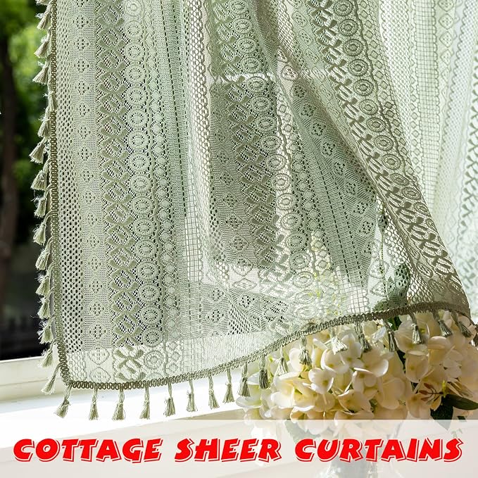Sutuo Home Sage Green Lace Boho Curtains Drape 2 Panels 45 Inch Length | Semi - Image 3