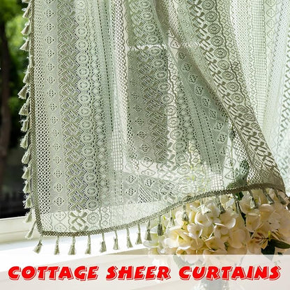 Sutuo Home Sage Green Lace Boho Curtains Drape 2 Panels 45 Inch Length | Semi - Image 3