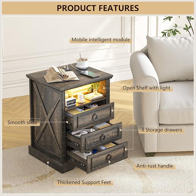 Nightstand Set 2 with Charging Station, Farmhouse End Side Table with 3 Drawers - Image 3