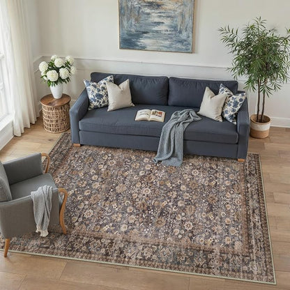 4x6 Brown Blue Vintage Floral Washable Area Rug - Image 3