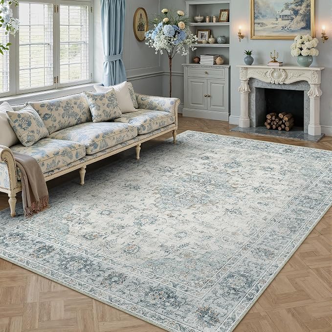 9x12 Light Blue Retro Floral Washable Area Rug - Image 2