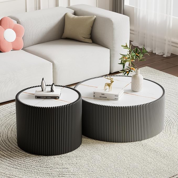 SSLine Round Drum Coffee Table Set of 2 Modern Sintered Stone Top Nesting - Image 4