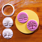 BAKERLOGY New Beginnings - Mini 2" Cookie Cutter & Stamp Set - Rainbow & Lush Tree Design for Easter & Spring Cookies, Cupcakes & Fondant Decorations