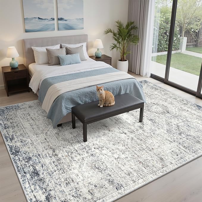 Soalmost 5x8 Area Rugs Blue/Ivory Low Pile Washable Trendy Faded Style Rug | - Image 3