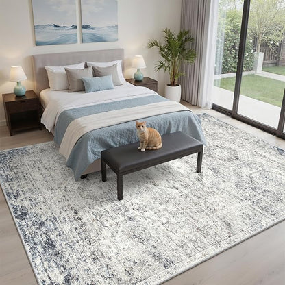 Soalmost 5x8 Area Rugs Blue/Ivory Low Pile Washable Trendy Faded Style Rug | - Image 3