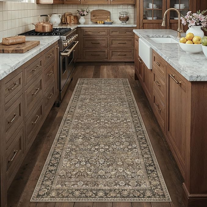 3x12 Brown Vintage Floral Washable Runner Rug - Image 3