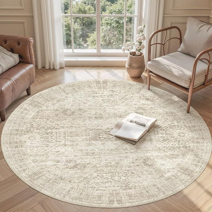 Soalmost 6x6 Beige Round Rug 6ft Circle Living Room Area Rugs Non-Slip | - Image 2