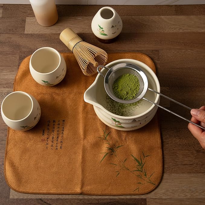 Marce Matcha Whisk Set- Matcha Set includes Matcha Whisk and Bowl (Bowl with Spout), Sifter, Holder and Scoop- The Perfect Bamboo Whisk for Matcha Tea (Cream- 7PC)