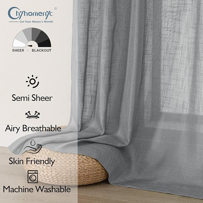 Chyhomenyc Charcoal Grey Semi Sheer Curtains 54 Inch Length - Image 2