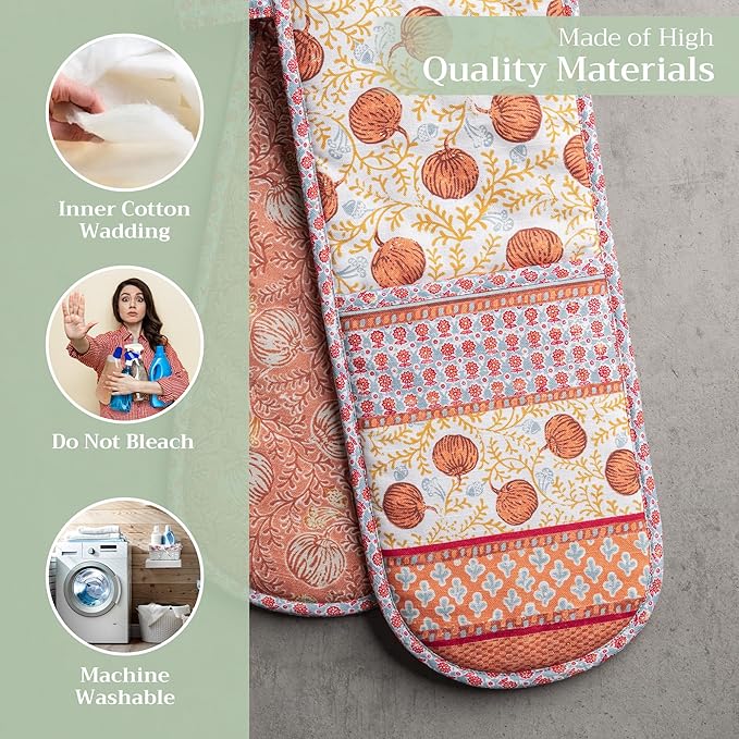 Maison d' Hermine Double Oven Mitts 100% Cotton 7"x35" Double Oven Mitt Heat Resistant BBQ Cooking Gloves with Loop, Baking, Grilling, Home, Kitchen, Handling Hot Pans (Harvest Festival)