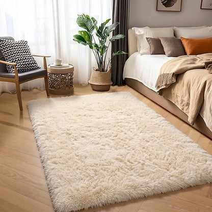 Amdrebio Beige Boho Fluffy Shag Neutral Area Rug 5x7 - Image 7