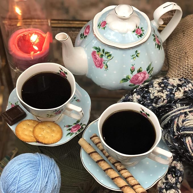 BTaT- Floral Tea Sets for Adults, 13 pcs, Service for 4, Pot (38 oz) & Cups (8 oz) with Saucers, Pastel Blue Floral Design, Porcelain Tea Set for Adult, Dishwasher Safe