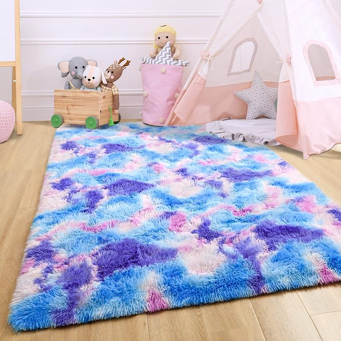 5x7 Tie-Dyed Blue Purple Pink Fluffy Area Rug Non-Slip - Image 6