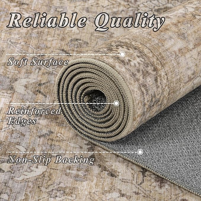 Schweek 8x10 Washable Area Rugs Khaki Vintage Carpet Non Slip - Image 5