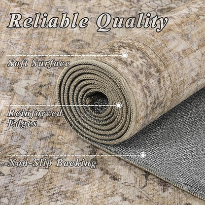 Schweek 8x10 Washable Area Rugs Khaki Vintage Carpet Non Slip - Image 5