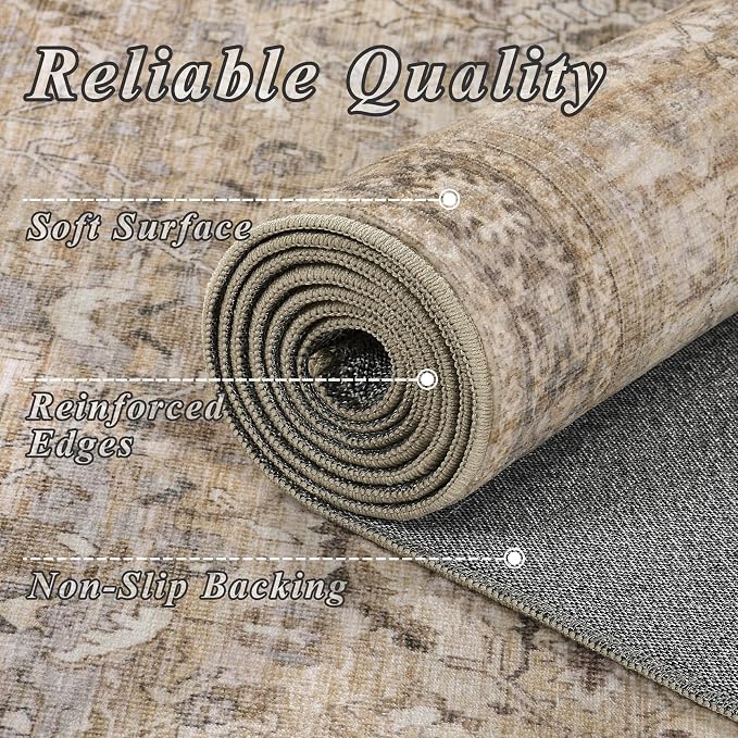 Schweek 9x12 Area Rug Khaki Vintage Distressed Washable Rugs - Image 5