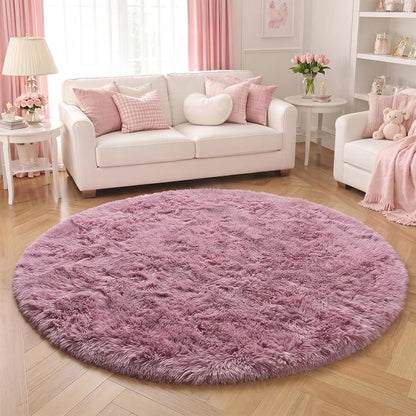 Amdrebio Mauve Pink Round Fluffy Rug 4Ft - Image 5