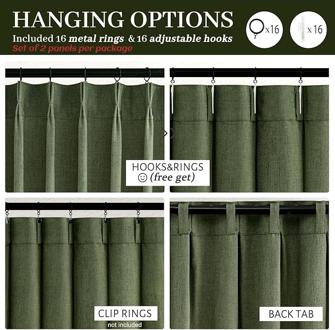 Olive Green Linen Curtains 96 Inches Long 2 Panels Set, Modern Aesthetic Pinch - Image 4
