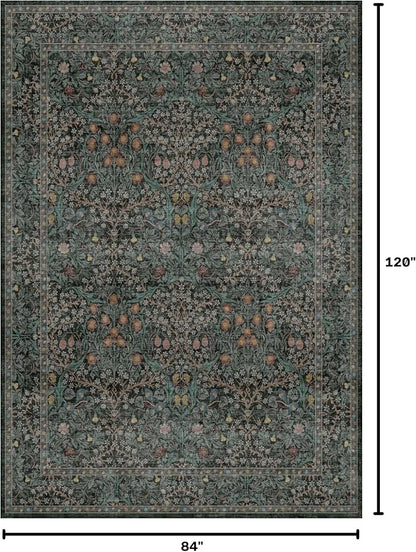 Vintage Dark Green Living Room Rug, 7x10 Washable Area Rugs - Image 2