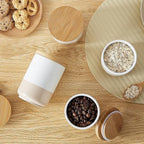 vancasso Sabine Ceramic Canister Set with Airtight Wood Lids - 4-Piece Small Kitchen Storage for Coffee, Sugar, Tea & Spices (18 oz Each) - Compact Countertop Jars
