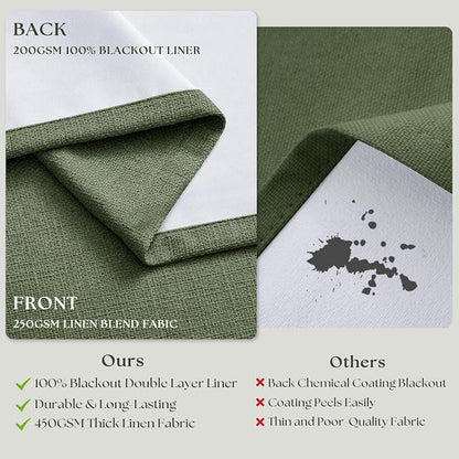 84 Inch Olive Green Linen Pinch Pleated Blackout Curtains Dual Layer | 100% - Image 6