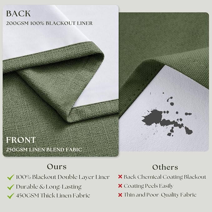 108 Inch Olive Green Linen Pinch Pleated Blackout Curtains Dual Layer | 100% - Image 6