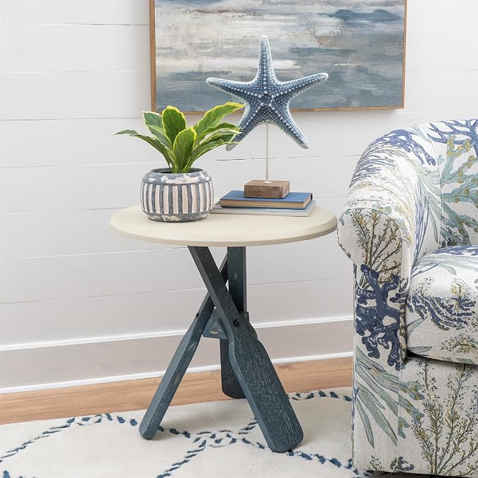 Linon Opal Distressed Wood Coastal Canoe Paddle Side Table in Blue/Cream - Image 2