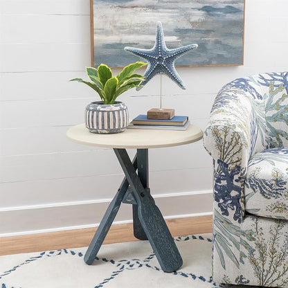 Linon Opal Distressed Wood Coastal Canoe Paddle Side Table in Blue/Cream - Image 2