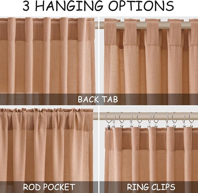 Peach Quartz Linen Curtains 108 Inch Length 2 Panel Set Back Tab Loop Pocket - Image 2