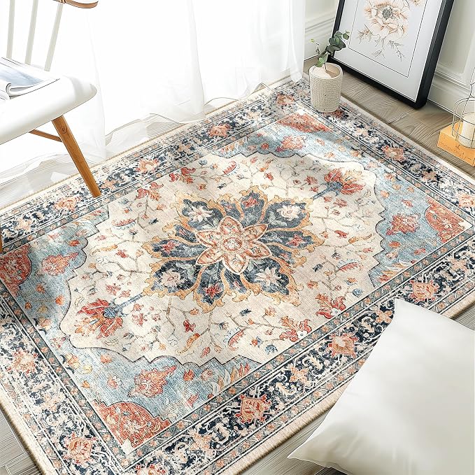 RELEANY Washable Area Rug, Water Repellent, Pet Friendly, Vintage Floral Boho by RELEANY