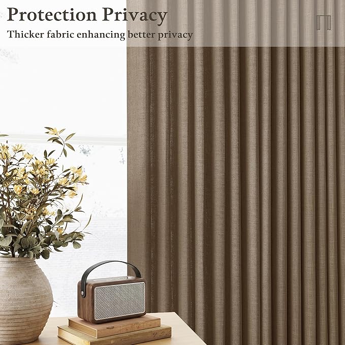 Brown Pinch Pleated Semi Sheer Thick Linen Curtains 105 Inch Long | Light - Image 4