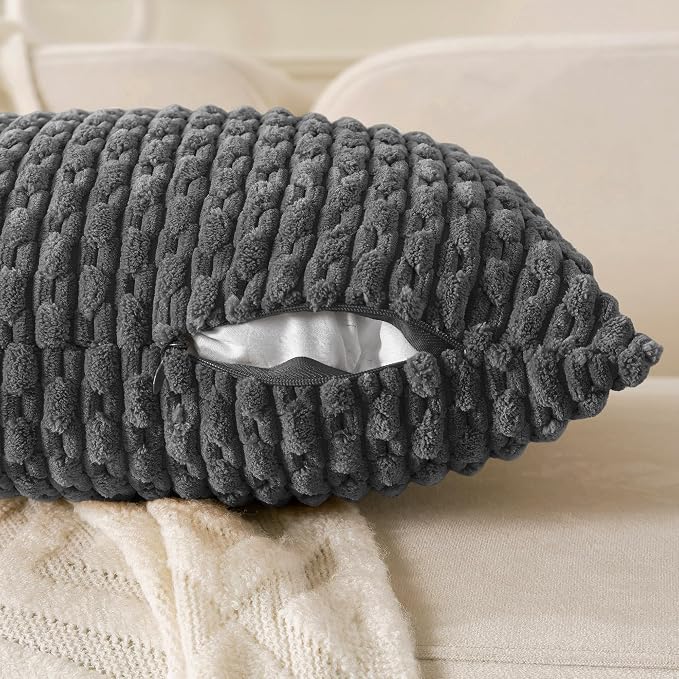 Set of 4 Grey White Taupe Decorative Throw Pillow Covers 18x18 Inch Corduroy - Image 5