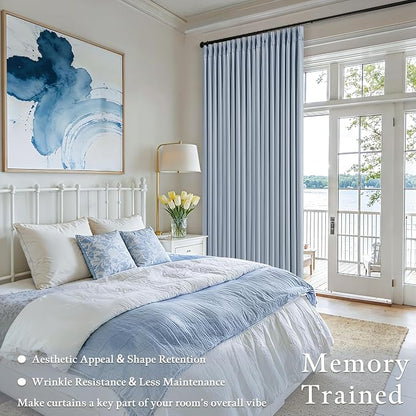 Light Blue Pinch Pleated Dual Layer Blackout Linen Curtains 102 Inches Long | - Image 7