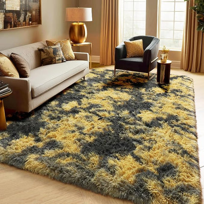 Black and Yellow Bedroom Rugs 4x6 Ft, Fluffy Modern Living Room Area Rug | - Image 3