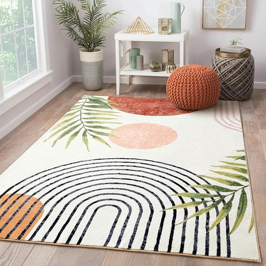 RoomTalks Mid Century Modern Washable Rug, Boho Cute Aesthetic 5x7 Area Rugs by RoomTalks