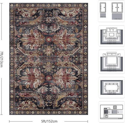 5x7 Area Rugs, Vintage Retro Soft Washable Rug, Non-Slip Low Pile Rugs - Image 2