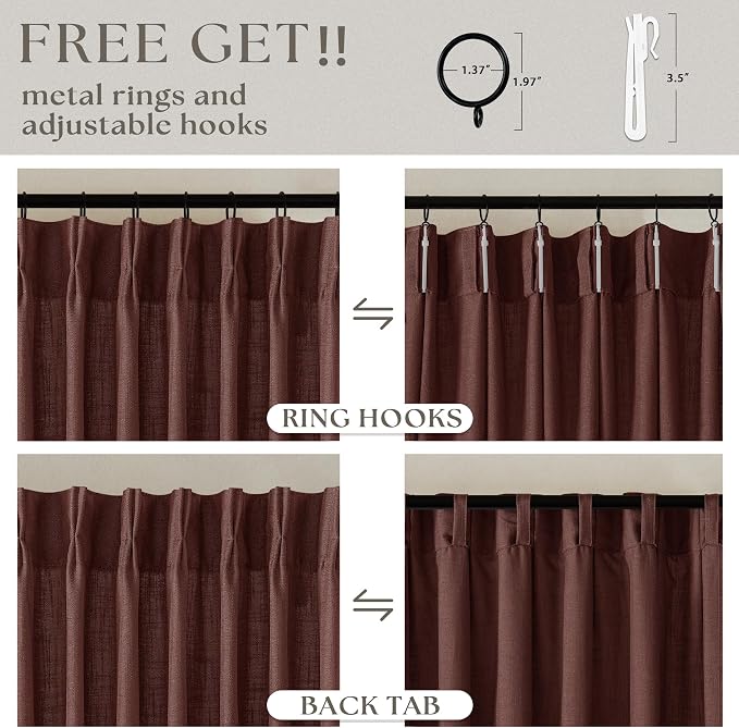 Chestnut Brown 84 Inch Pinch Semi Sheer Pleated Linen Curtains 2 Panel Set | - Image 5