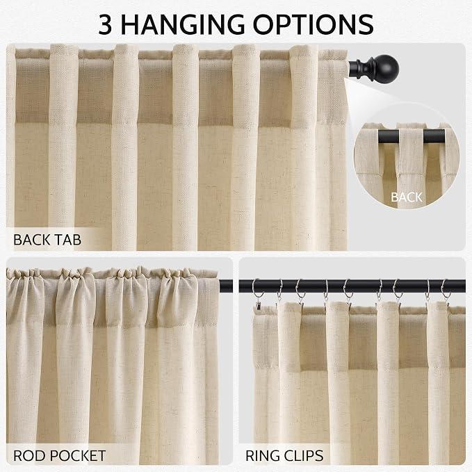 Extra Long Curtain 108 Inches Long Set Back Tab Tan Linen Drapes - Image 2
