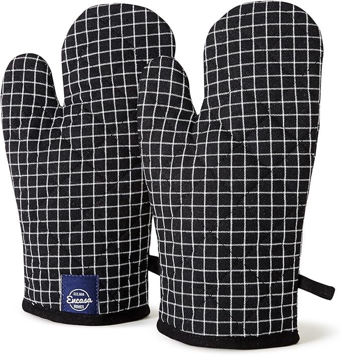 Encasa Homes Long 12" Oven Microwave Hand Gloves Mitts (2 pc Set) for Kitchen Cooking & Baking - Heat Resistant, Thick & Safe, Protection of Hands from Hot Utensils - Butcher Checks Black