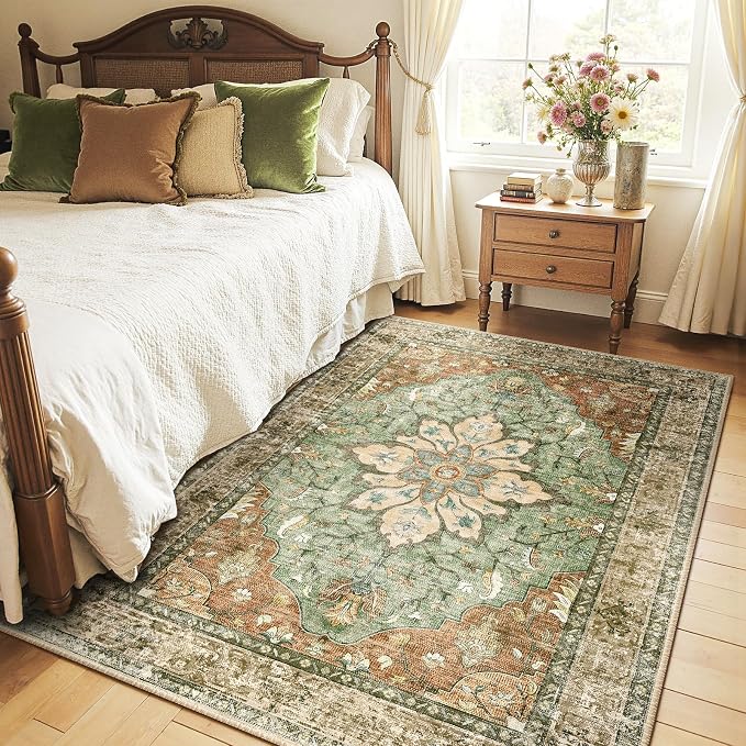 RELEANY Washable Area Rug, Brick/Brown/Green | Non-Slip, Water Repellent by RELEANY
