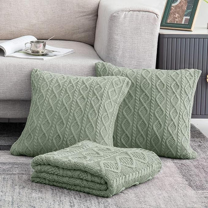 Homiest Cable Knit Throw Blanket and Pillow Set, Sage Green Set of 3, Knitted - Image 2