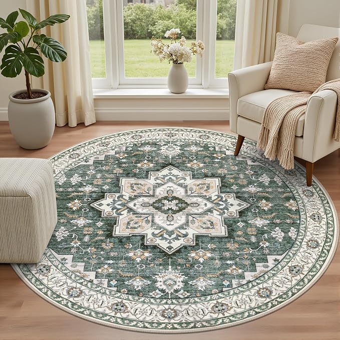Round Area Rug for Living Room: 4ft Boho Washable Rug Green Ivory | Vintage - Image 2